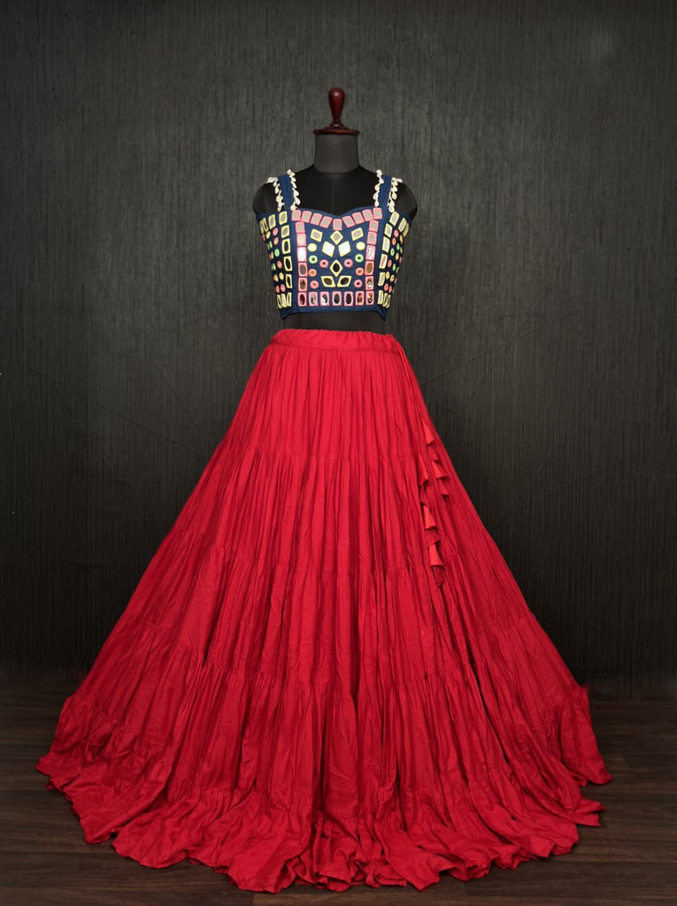 Red Lehenga & Navy Blue Choli Set Designer Rayon  with Real Mirror & Kodi Work ClothsVilla