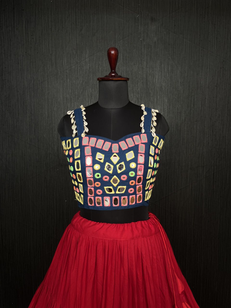 Red Lehenga & Navy Blue Choli Set Designer Rayon  with Real Mirror & Kodi Work ClothsVilla
