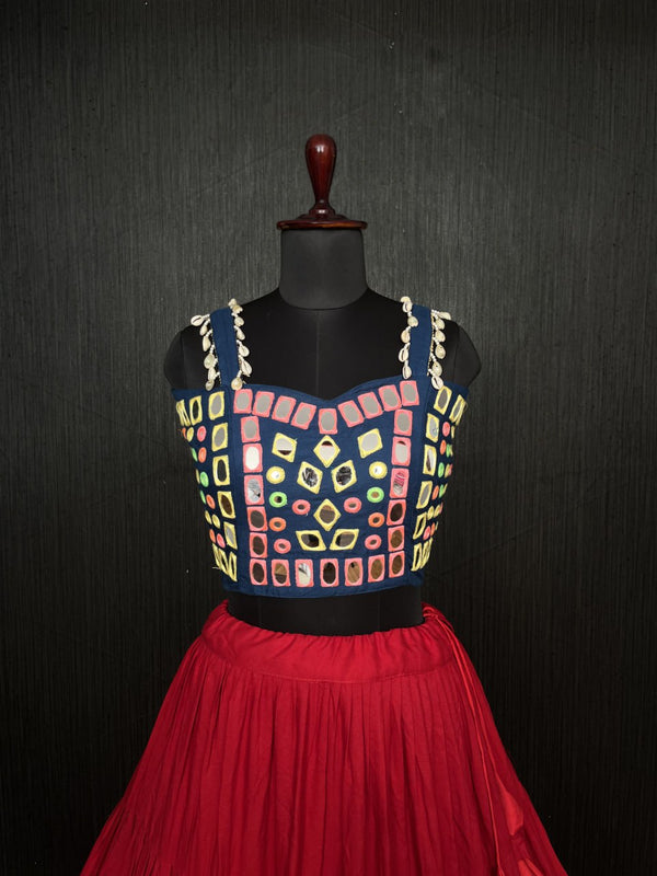 Red Lehenga & Navy Blue Choli Set Designer Rayon  with Real Mirror & Kodi Work ClothsVilla