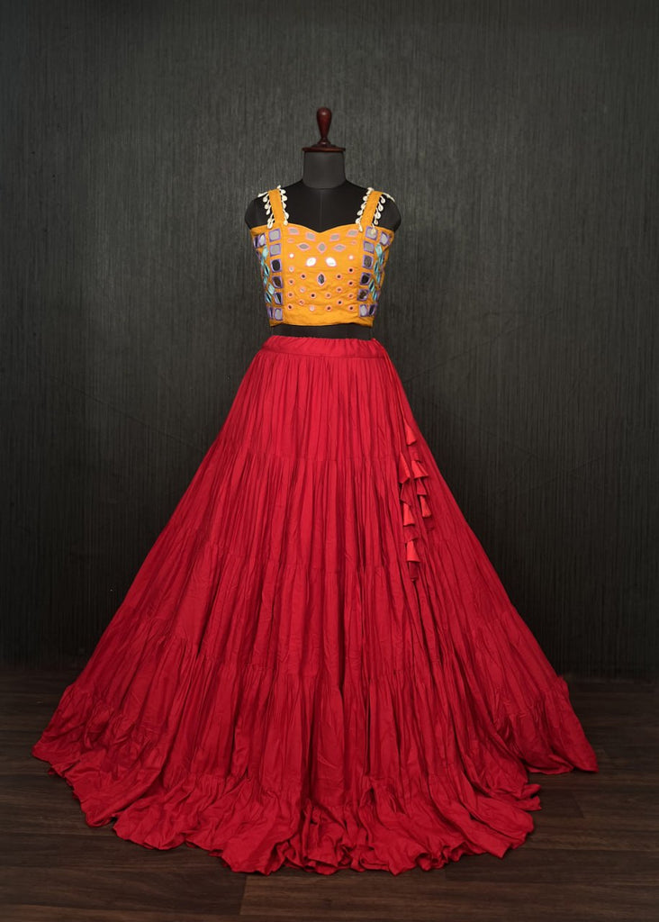 Red Lehenga & Yellow Choli Set Designer Rayon  with Real Mirror & Kodi Work ClothsVilla