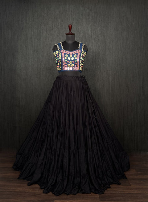 Black Lehenga & Navy Blue Choli Set Designer Rayon  with Real Mirror & Kodi Work ClothsVilla Main image
