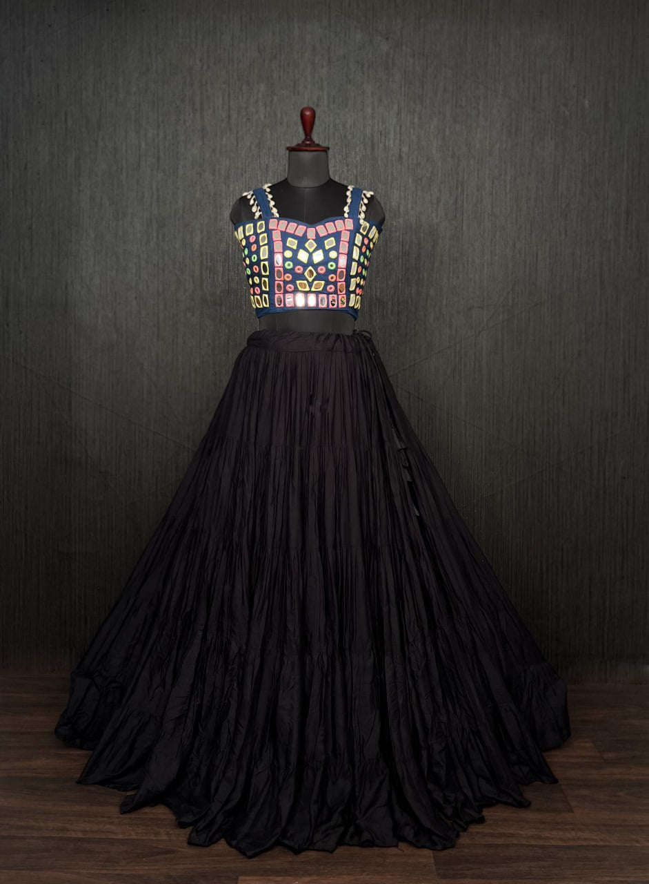 Black Lehenga & Navy Blue Choli Set Designer Rayon  with Real Mirror & Kodi Work ClothsVilla Main image