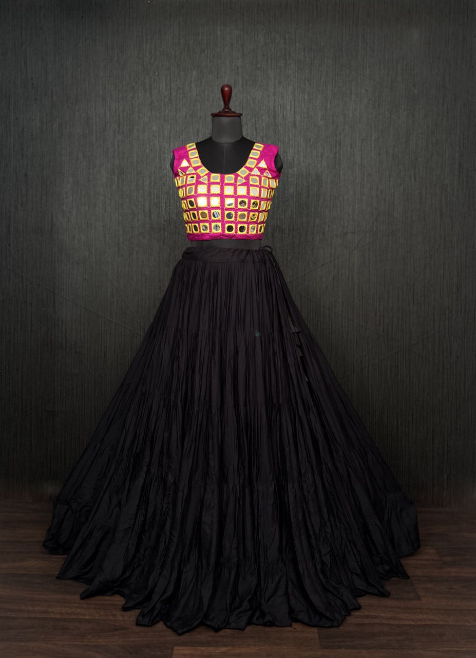 Black Lehenga & Pink Choli Set Designer Rayon  with Real Mirror & Kodi Work ClothsVilla Main image