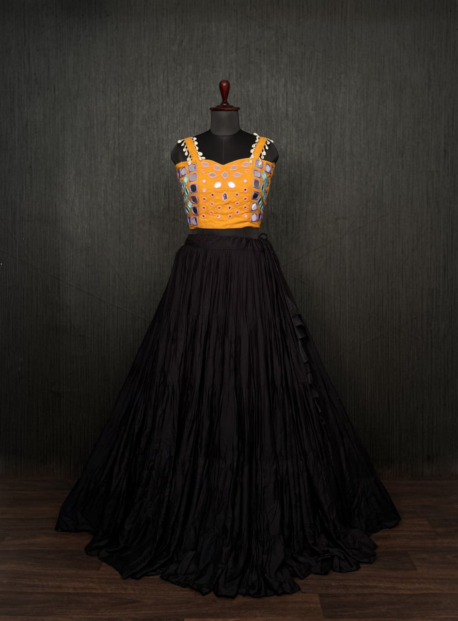Black Lehenga & Yellow Choli Set Designer Rayon  with Real Mirror & Kodi Work ClothsVilla Main image