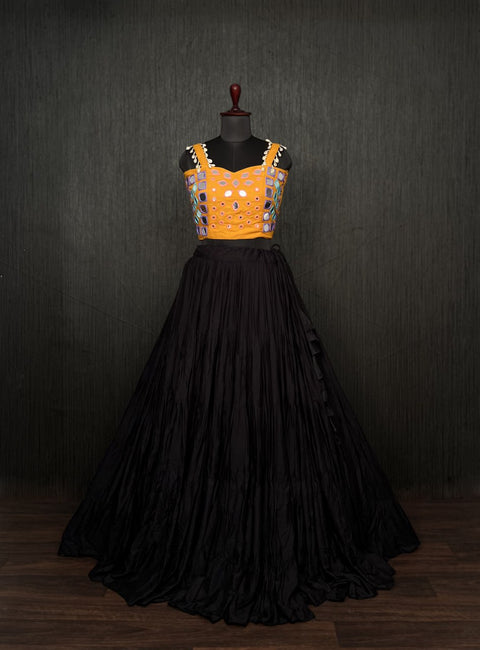 Black Lehenga & Yellow Choli Set Designer Rayon  with Real Mirror & Kodi Work ClothsVilla Main image