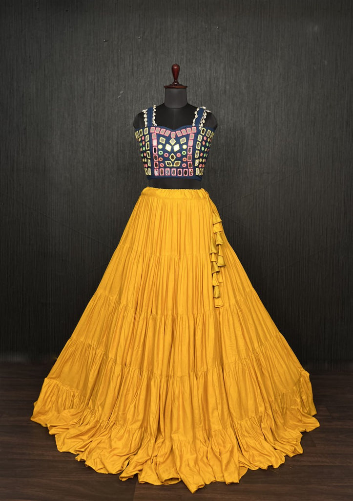 Yellow Lehenga & Navy Blue Choli Set Designer Rayon  with Real Mirror & Kodi Work ClothsVilla