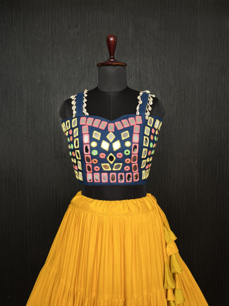 Yellow Lehenga & Navy Blue Choli Set Designer Rayon  with Real Mirror & Kodi Work ClothsVilla