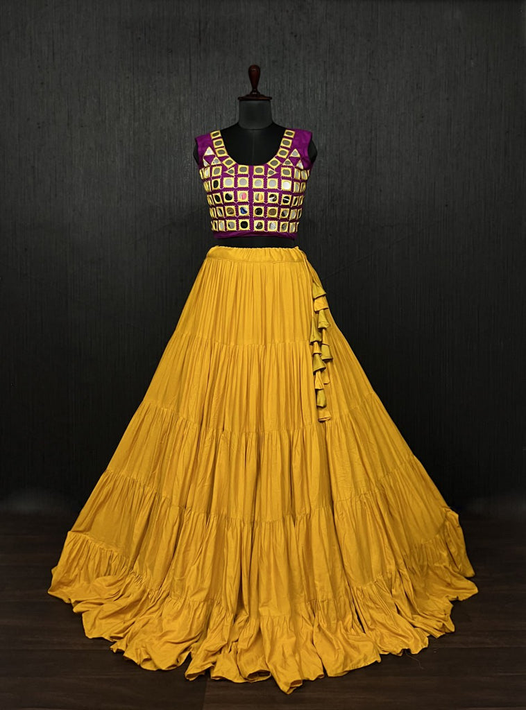 Yellow Lehenga & Purple Choli Set Designer Rayon  with Real Mirror & Kodi Work ClothsVilla