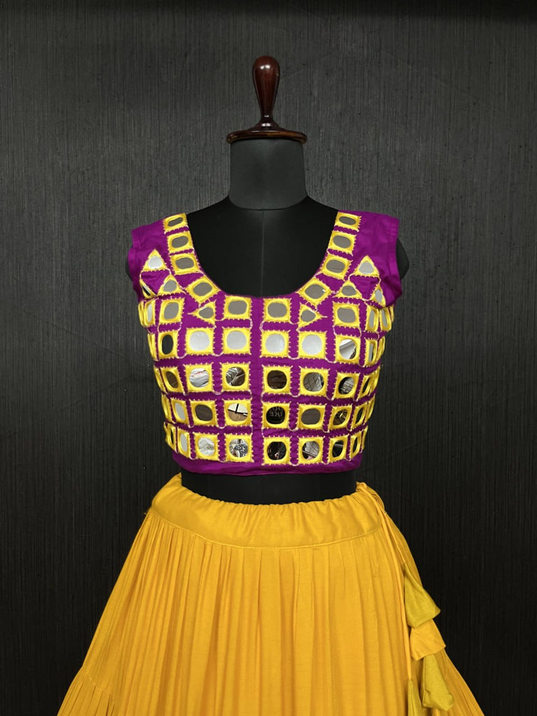 Yellow Lehenga & Purple Choli Set Designer Rayon  with Real Mirror & Kodi Work ClothsVilla