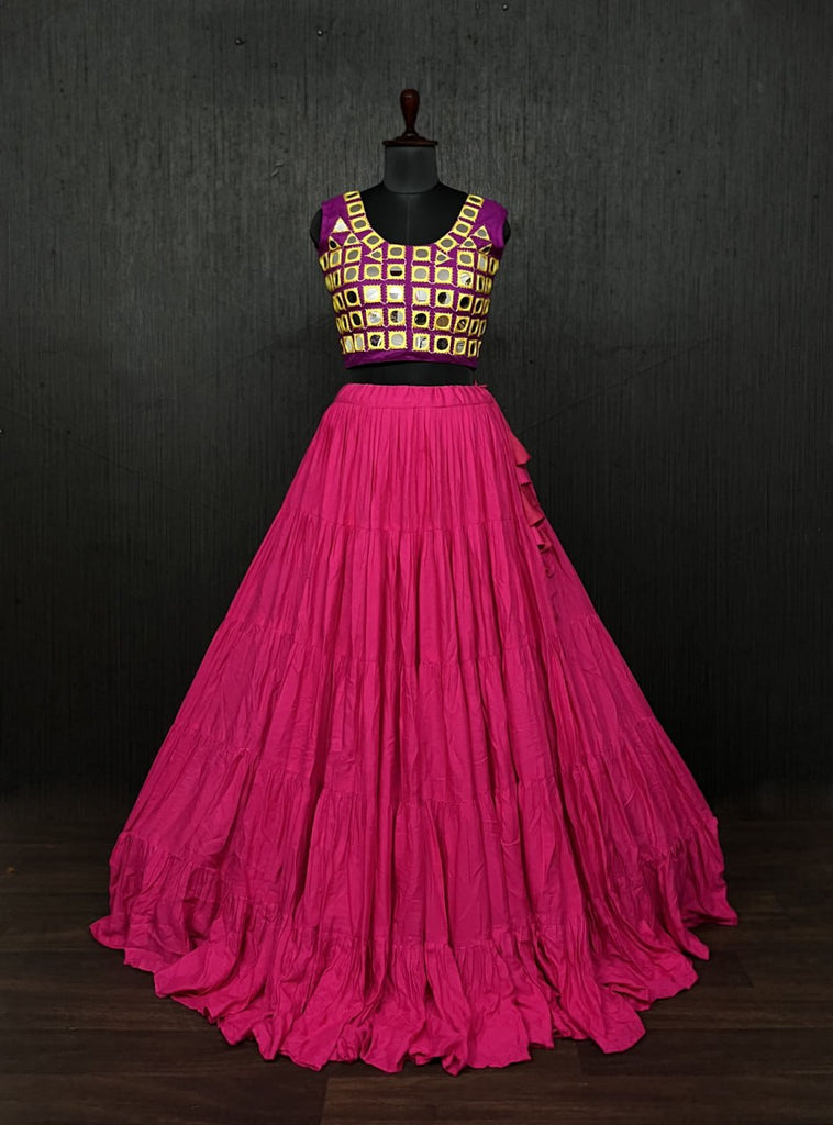 Pink Lehenga & Purple Choli Set Designer Rayon  with Real Mirror & Kodi Work ClothsVilla