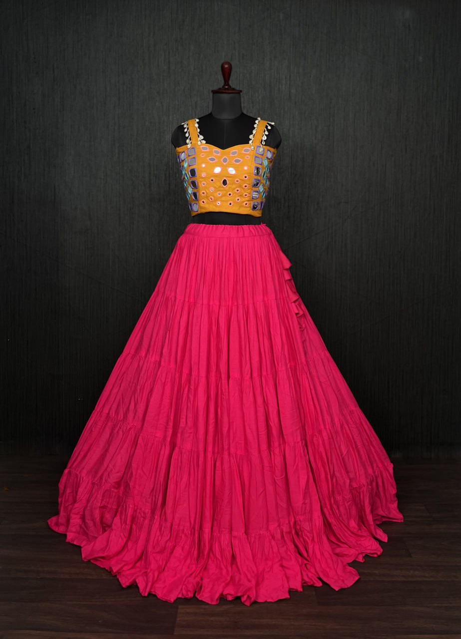 Pink Lehenga & Yellow Choli Set Designer Rayon  with Real Mirror & Kodi Work ClothsVilla