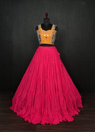 Pink Lehenga & Yellow Choli Set Designer Rayon  with Real Mirror & Kodi Work ClothsVilla