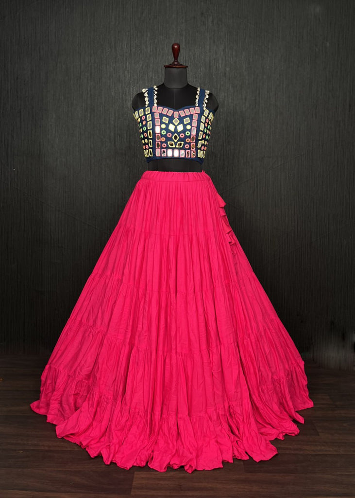 Pink Lehenga & Navy Blue Choli Set Designer Rayon  with Real Mirror & Kodi Work ClothsVilla