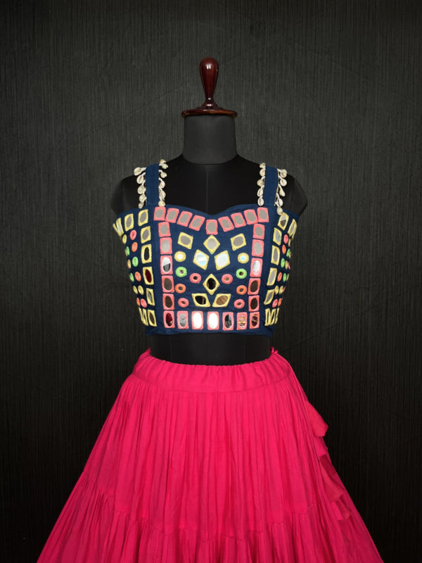 Pink Lehenga & Navy Blue Choli Set Designer Rayon  with Real Mirror & Kodi Work ClothsVilla