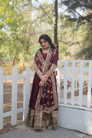 Maroon Royal Vichitra Shimmer Gown with Sequins Embroidery and Matching Dupatta ClothsVilla