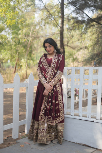 Maroon Royal Vichitra Shimmer Gown with Sequins Embroidery and Matching Dupatta ClothsVilla