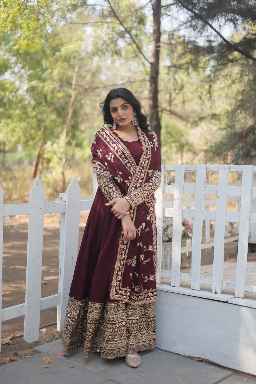 Maroon Royal Vichitra Shimmer Gown with Sequins Embroidery and Matching Dupatta ClothsVilla