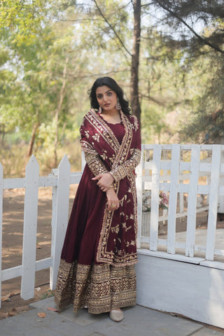 Maroon Royal Vichitra Shimmer Gown with Sequins Embroidery and Matching Dupatta ClothsVilla