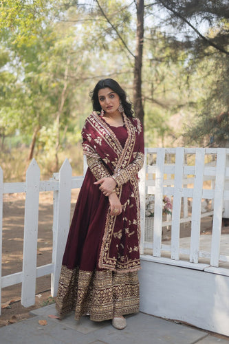 Maroon Royal Vichitra Shimmer Gown with Sequins Embroidery and Matching Dupatta ClothsVilla