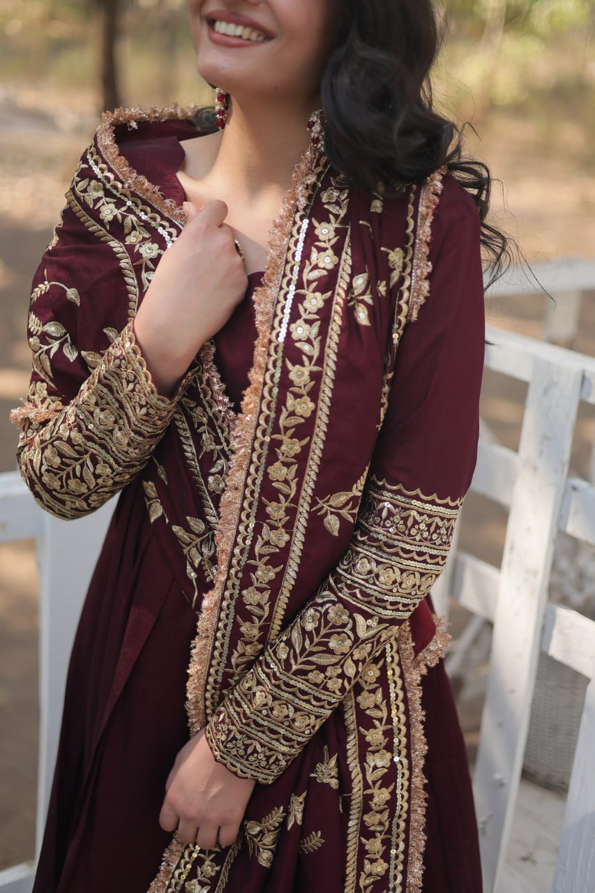Maroon Royal Vichitra Shimmer Gown with Sequins Embroidery and Matching Dupatta ClothsVilla