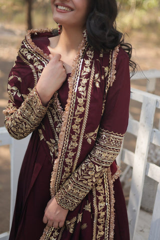 Maroon Royal Vichitra Shimmer Gown with Sequins Embroidery and Matching Dupatta ClothsVilla