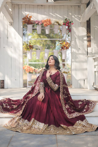 Maroon Royal Vichitra Shimmer Gown with Sequins Embroidery and Matching Dupatta ClothsVilla