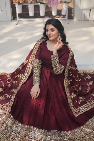 Maroon Royal Vichitra Shimmer Gown with Sequins Embroidery and Matching Dupatta ClothsVilla