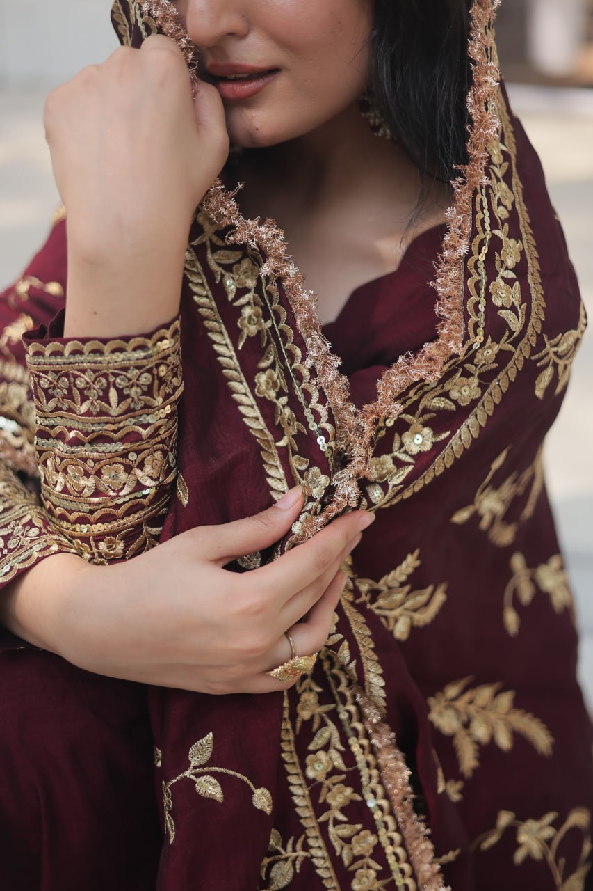 Maroon Royal Vichitra Shimmer Gown with Sequins Embroidery and Matching Dupatta ClothsVilla