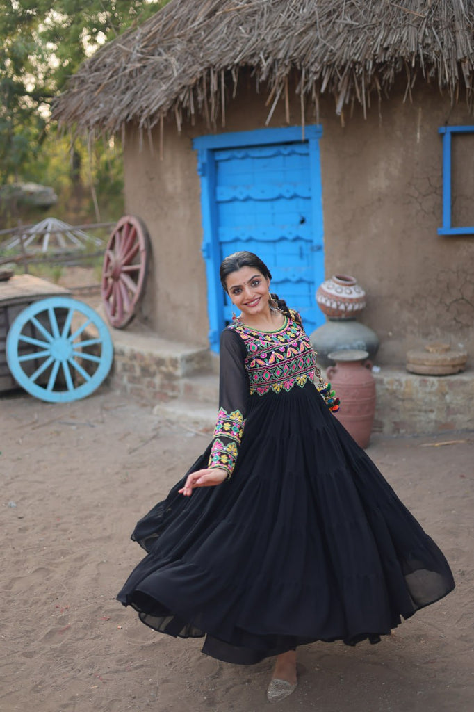 Black Elegant Faux Blooming Gown with Kutchi Gamthi Work Clothsvilla