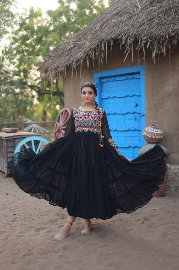 Black Elegant Faux Blooming Gown with Kutchi Gamthi Work Clothsvilla