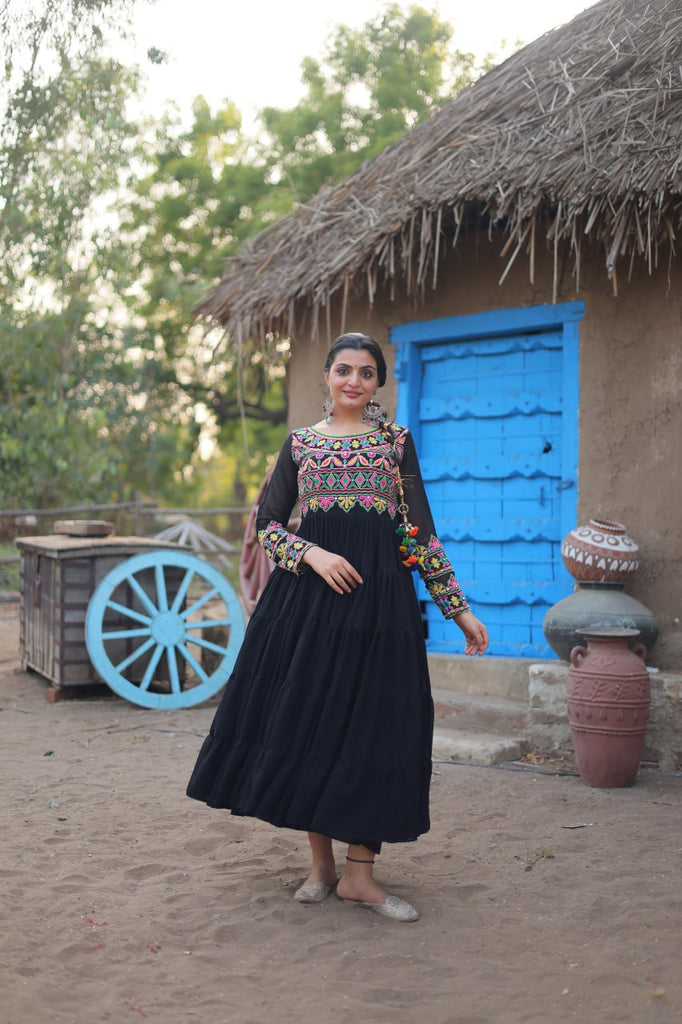 Black Elegant Faux Blooming Gown with Kutchi Gamthi Work Clothsvilla