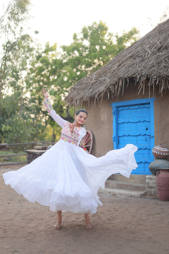 White Elegant Faux Blooming Gown with Kutchi Gamthi Work Clothsvilla