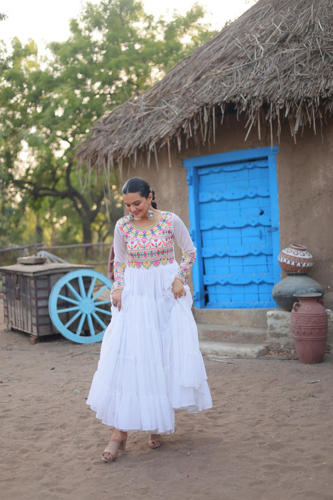 White Elegant Faux Blooming Gown with Kutchi Gamthi Work Clothsvilla