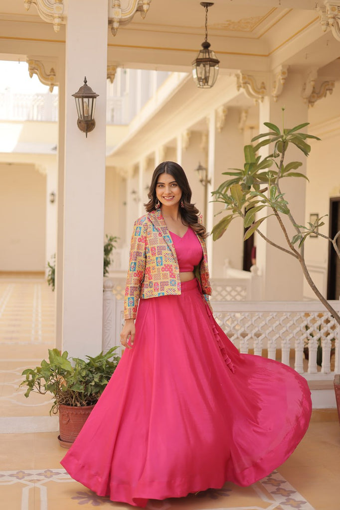 Pink Chinnon Lehenga Set with Sleeveless Blouse and Jacquard Koti Clothsvilla