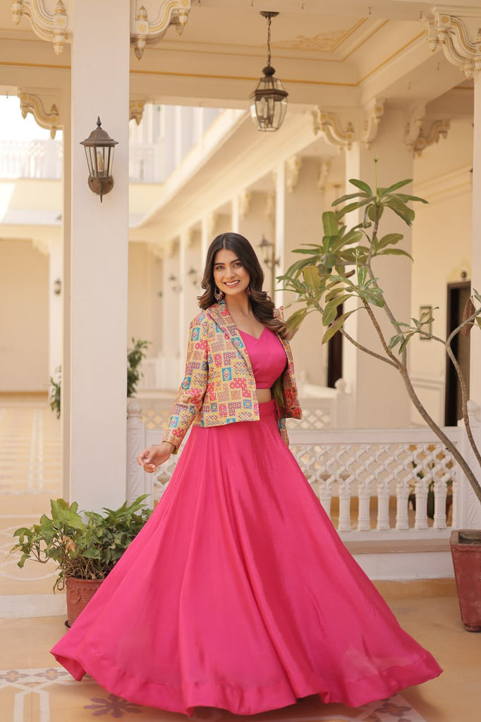 Pink Chinnon Lehenga Set with Sleeveless Blouse and Jacquard Koti Clothsvilla