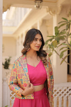 Load image into Gallery viewer, Pink Chinnon Lehenga Set with Sleeveless Blouse and Jacquard Koti Clothsvilla