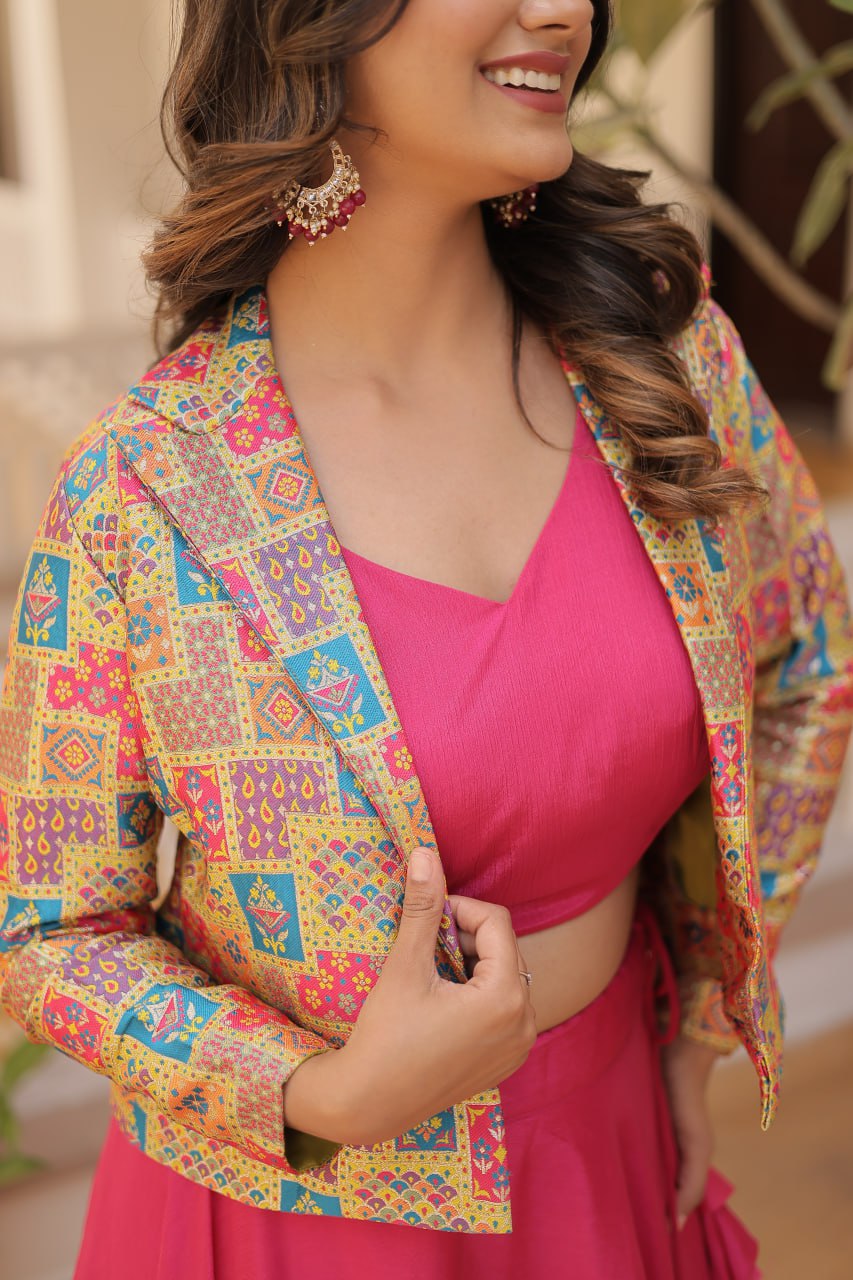 Pink Chinnon Lehenga Set with Sleeveless Blouse and Jacquard Koti Clothsvilla
