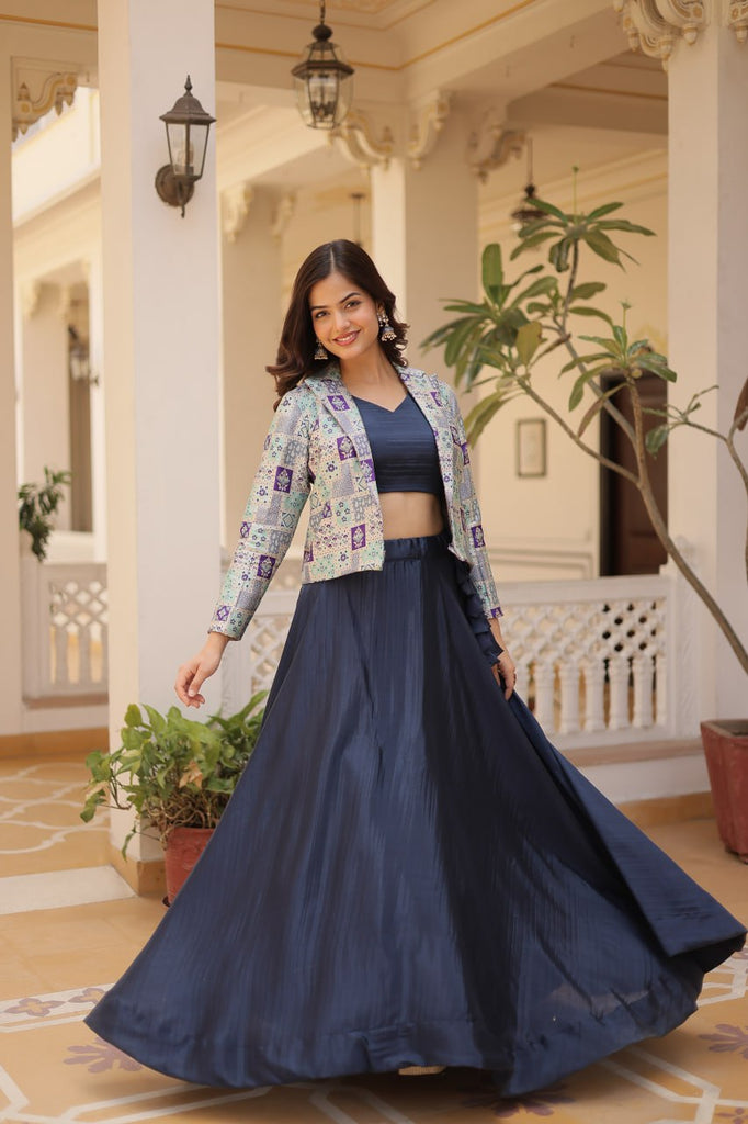 Navy Blue Chinnon Lehenga Set with Sleeveless Blouse and Jacquard Koti Clothsvilla