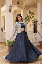 Load image into Gallery viewer, Navy Blue Chinnon Lehenga Set with Sleeveless Blouse and Jacquard Koti Clothsvilla