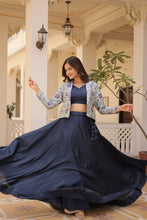 Load image into Gallery viewer, Navy Blue Chinnon Lehenga Set with Sleeveless Blouse and Jacquard Koti Clothsvilla