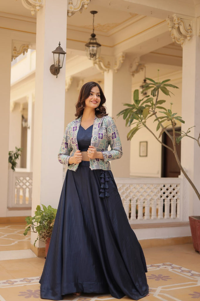 Navy Blue Chinnon Lehenga Set with Sleeveless Blouse and Jacquard Koti Clothsvilla