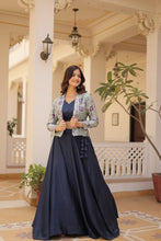 Load image into Gallery viewer, Navy Blue Chinnon Lehenga Set with Sleeveless Blouse and Jacquard Koti Clothsvilla