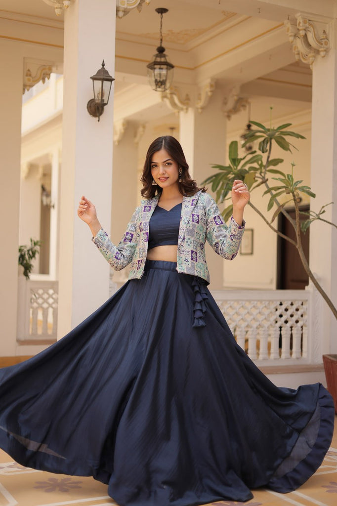 Navy Blue Chinnon Lehenga Set with Sleeveless Blouse and Jacquard Koti Clothsvilla