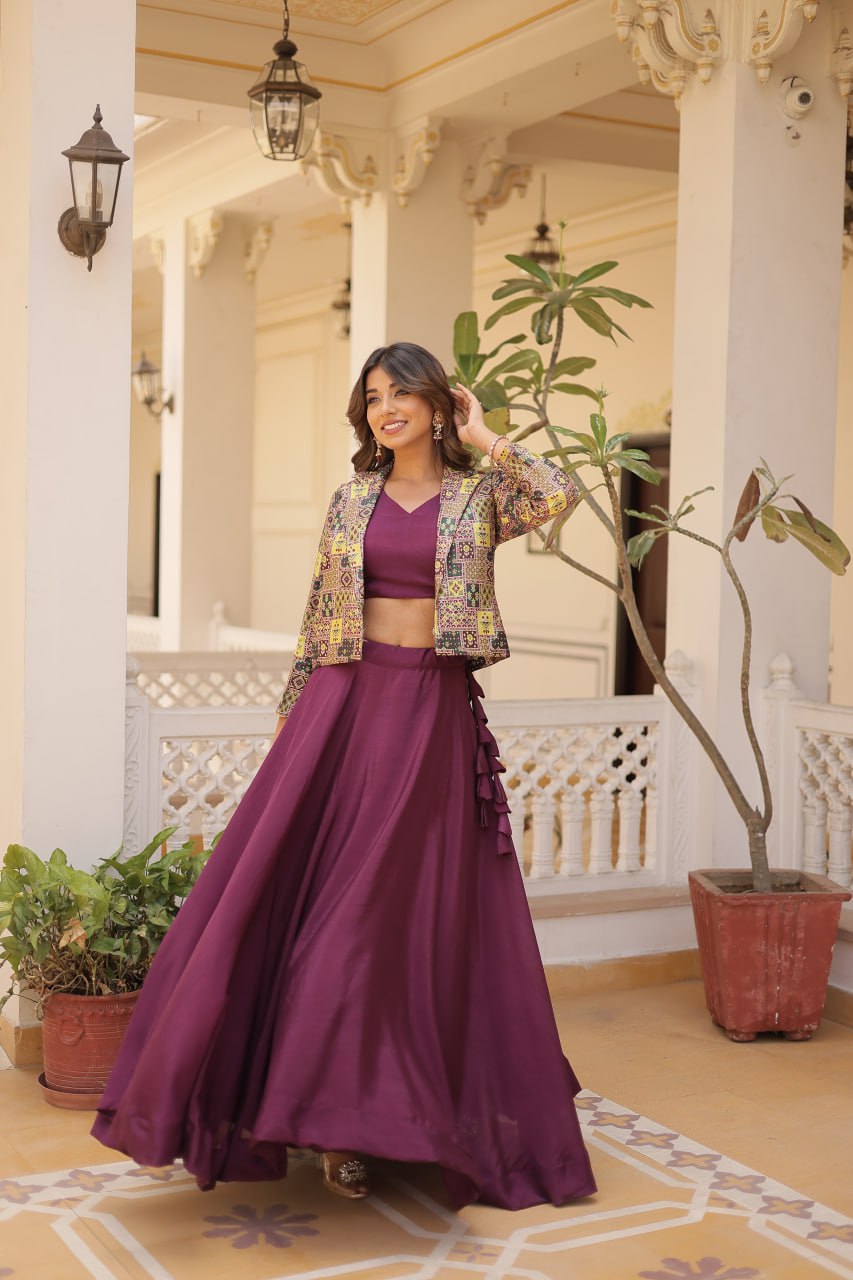 Purple Chinnon Lehenga Set with Sleeveless Blouse and Jacquard Koti Clothsvilla Main image