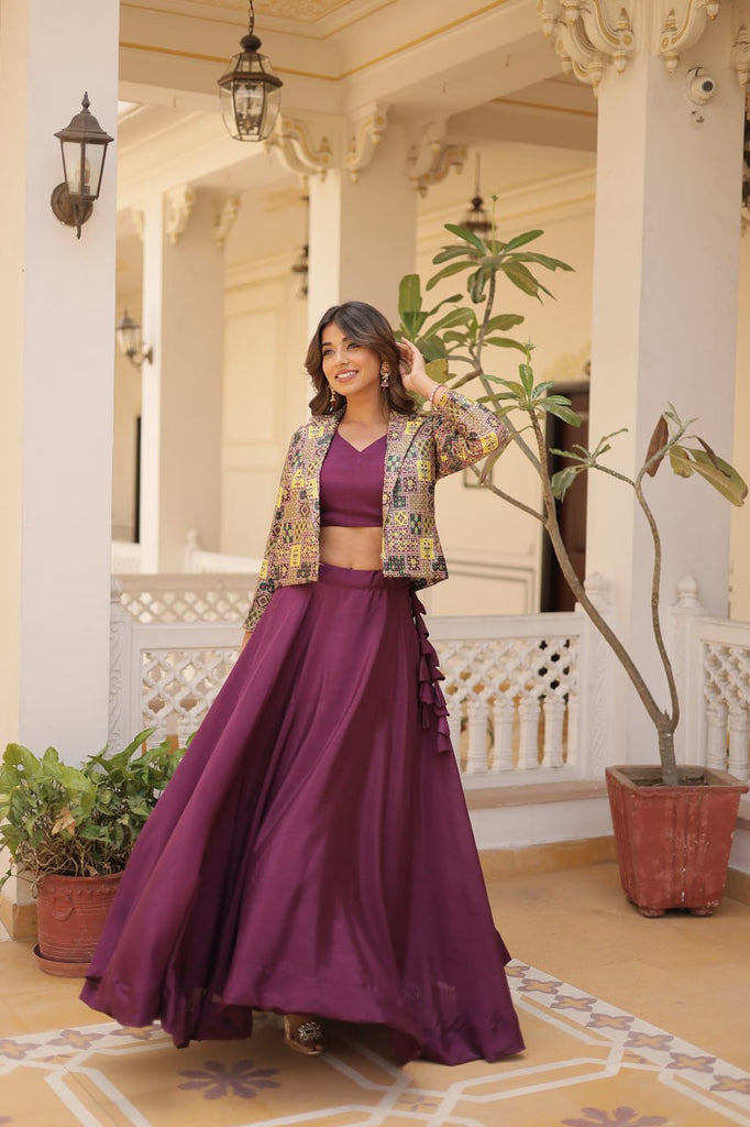 Purple Chinnon Lehenga Set with Sleeveless Blouse and Jacquard Koti Clothsvilla