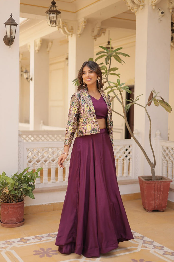 Purple Chinnon Lehenga Set with Sleeveless Blouse and Jacquard Koti Clothsvilla