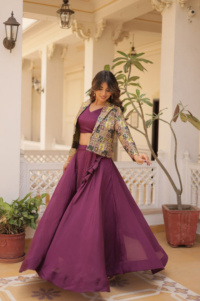 Purple Chinnon Lehenga Set with Sleeveless Blouse and Jacquard Koti Clothsvilla