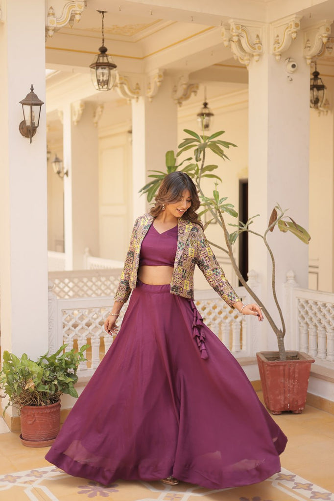 Purple Chinnon Lehenga Set with Sleeveless Blouse and Jacquard Koti Clothsvilla