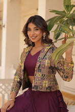 Load image into Gallery viewer, Purple Chinnon Lehenga Set with Sleeveless Blouse and Jacquard Koti Clothsvilla