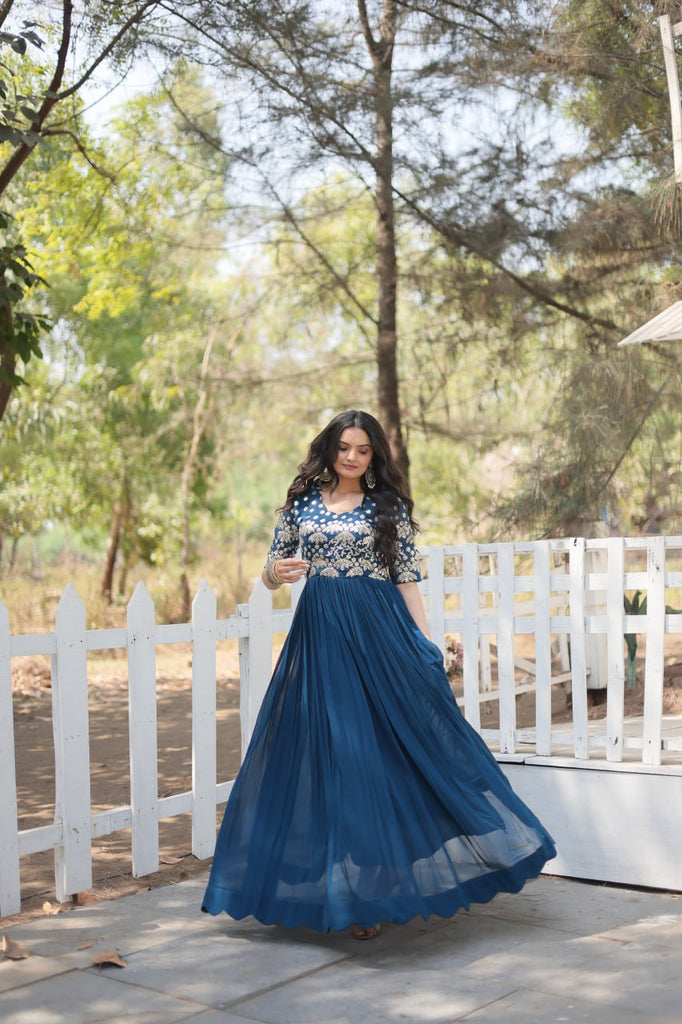 Tea Blue Luxury Faux Blooming Designer Gown with Zari & Sequins Embroidery ClothsVilla